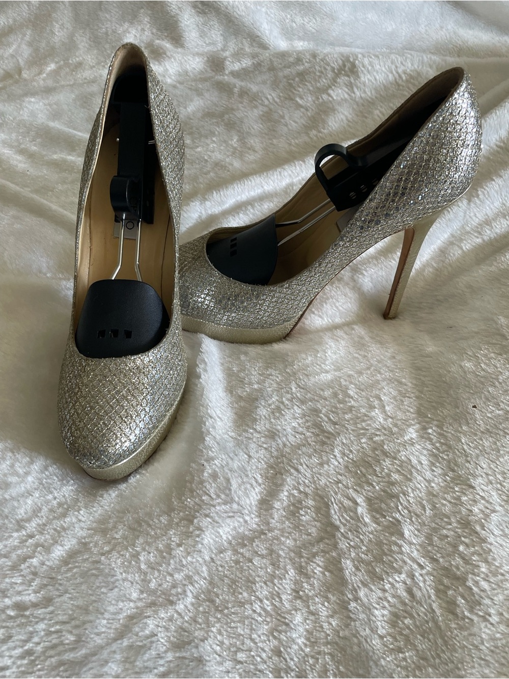 Jimmy Choo Silver Glitter Platform Stiletto Pumps